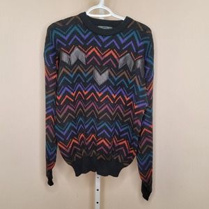 VTG WEEDS Men's Multicolor Zig-Zag Pattern Knit Grandpa Sweater Leather Trim L